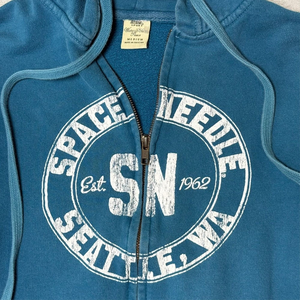Vintage Womens Hoodie Zip Up Medium Blue Distressed Space Needle Seattle WA - Picture 2 of 10